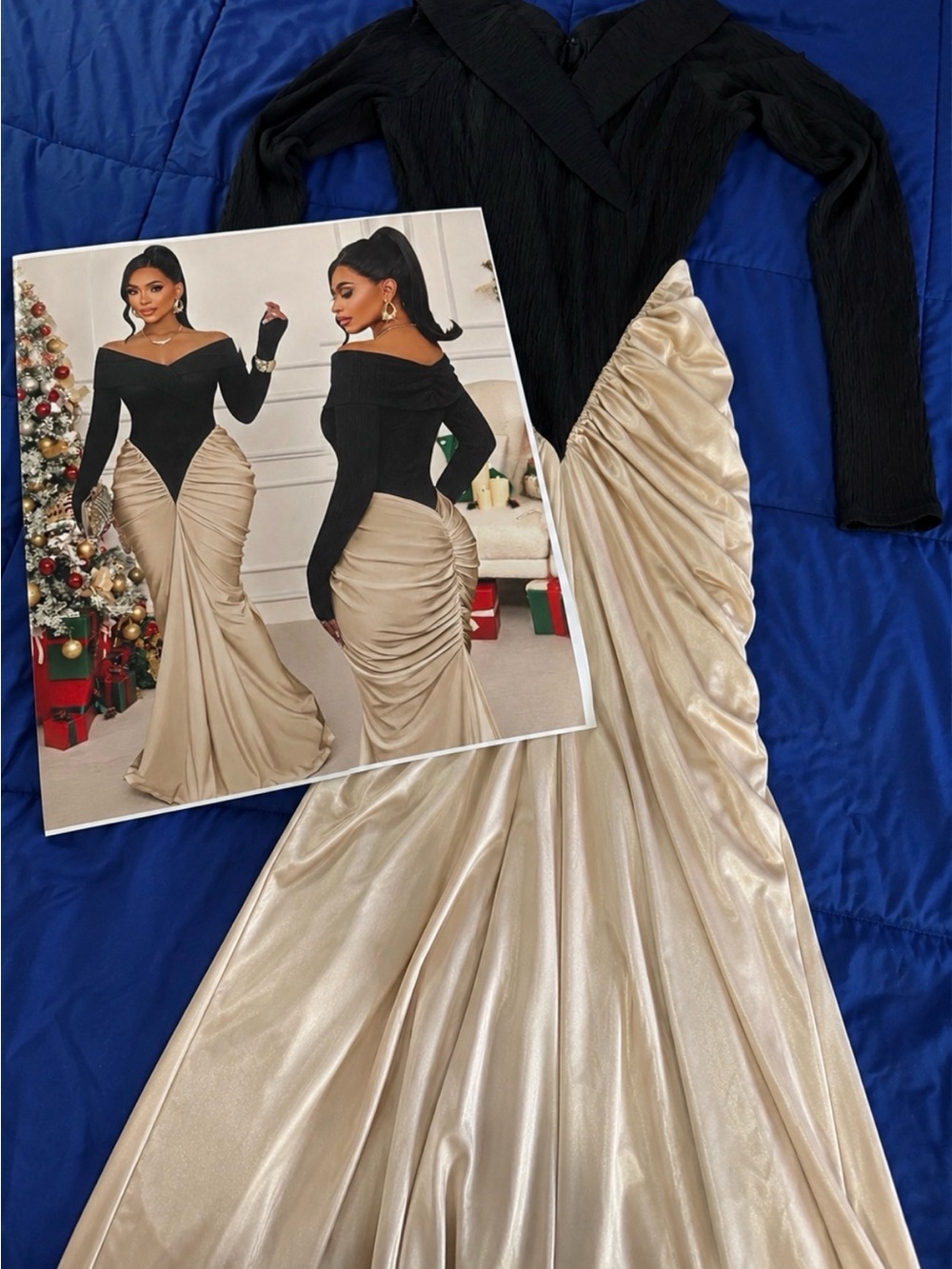 Black & Champagne Ruched Mermaid Maxi Dress | Size L NWOT